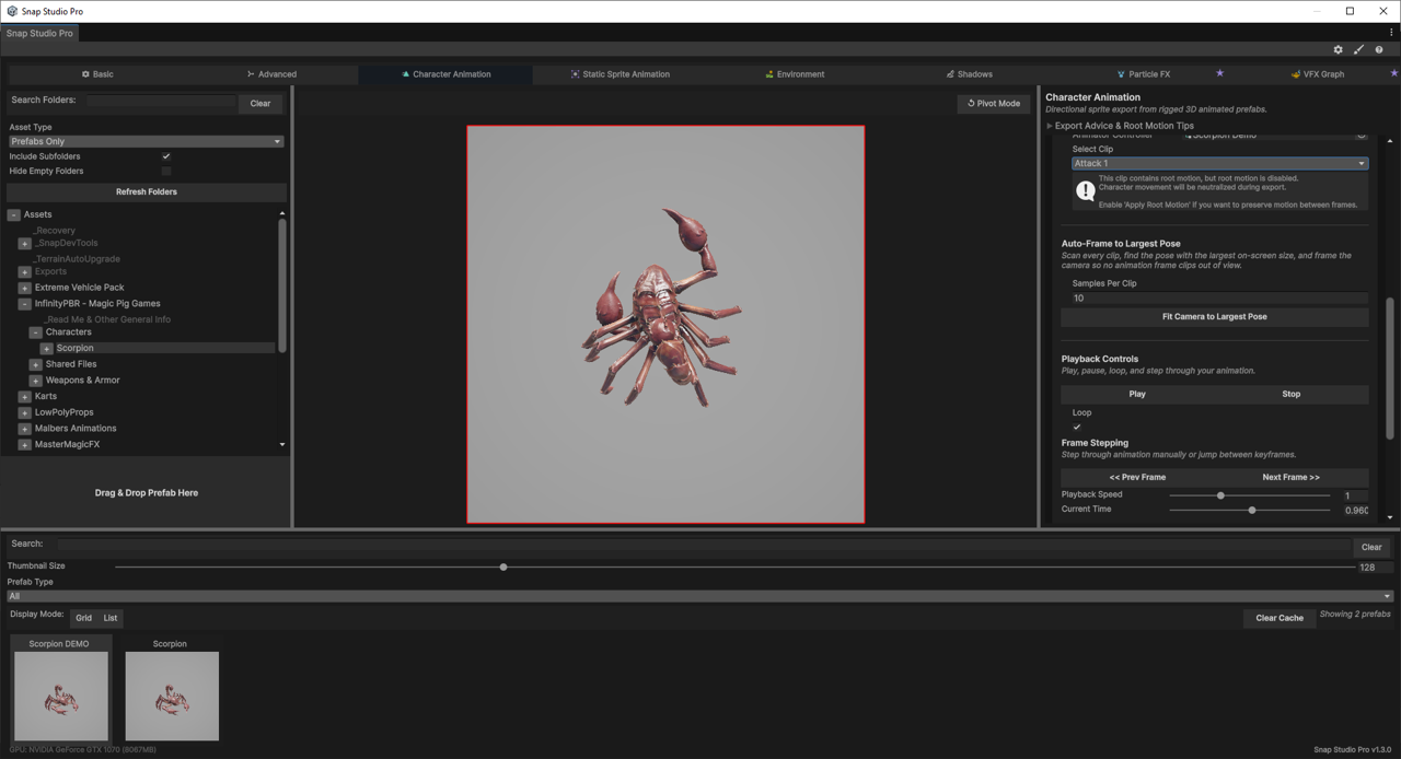 The Character Animation tab with an animated prefab loaded