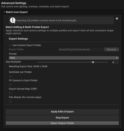 The Batch Icon Export panel on the Advanced tab