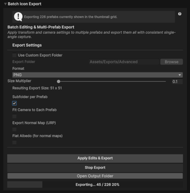 A batch export in progress with the progress bar and Stop button