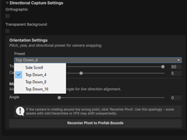 The Preset popup listing the SideScroll and TopDown angle presets