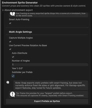 The environment batch export panel with multi-angle settings