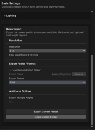 The Export Current Prefab button at the bottom of the Quick Export panel