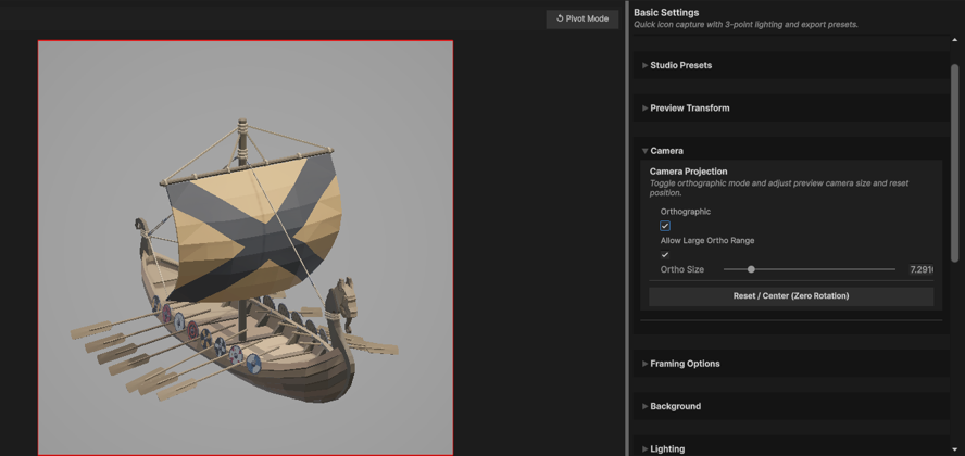 The Camera foldout with the Orthographic toggle, Ortho Size, and the Reset to Hero Angle / Reset to Zero Angle reset controls