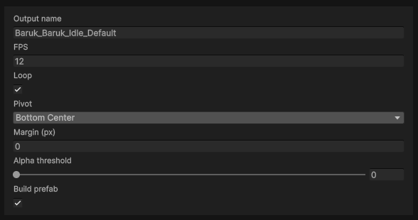 The Game-Ready settings: output name, FPS, loop, pivot, margin, alpha threshold, build prefab