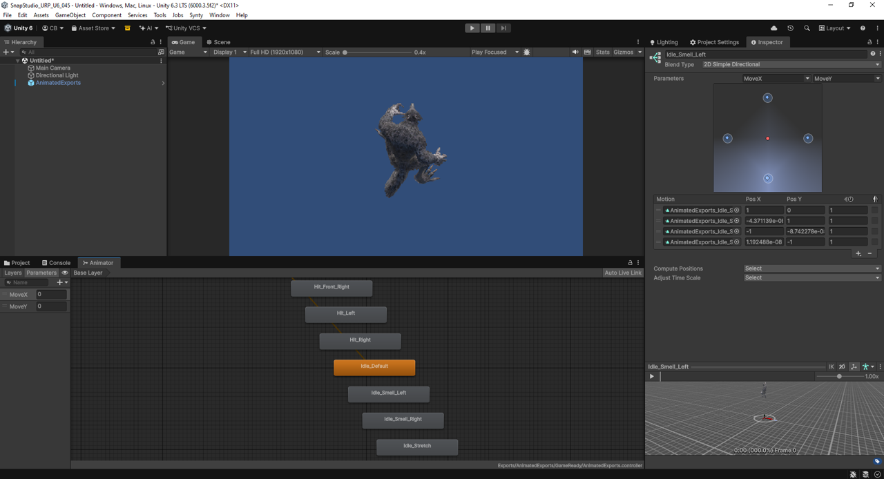 A Character build: many named states in one controller, each a MoveX/MoveY blend tree