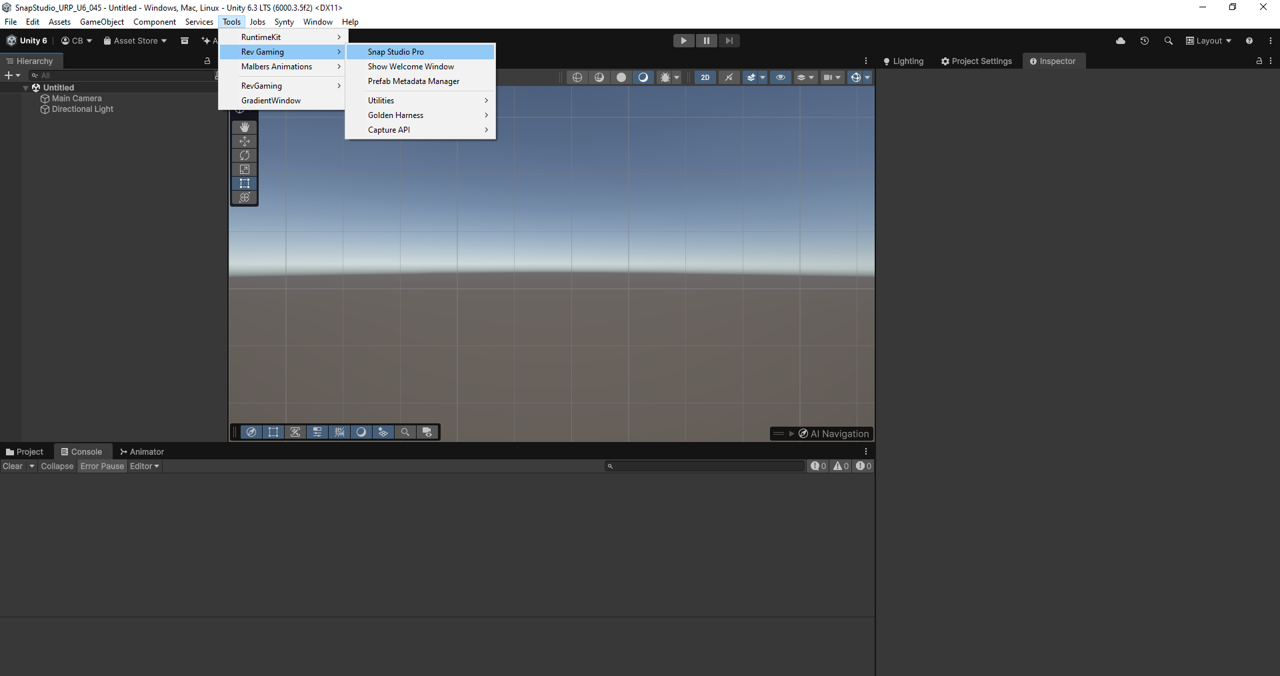 The Tools menu open at Rev Gaming, with Snap Studio Pro highlighted