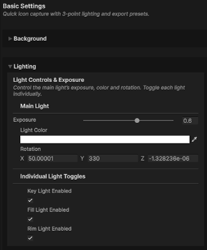 The Basic-tab Lighting section with exposure, colour, rotation, and per-light toggles