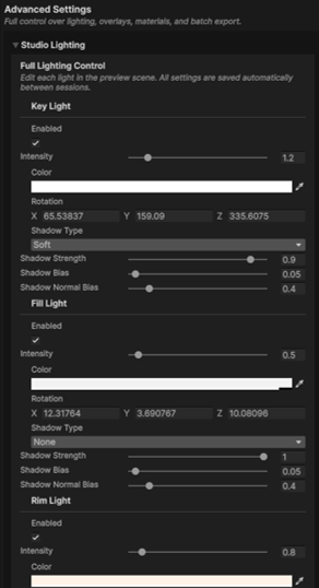 The Advanced-tab Studio Lighting section with per-light intensity, colour, rotation, and shadow controls