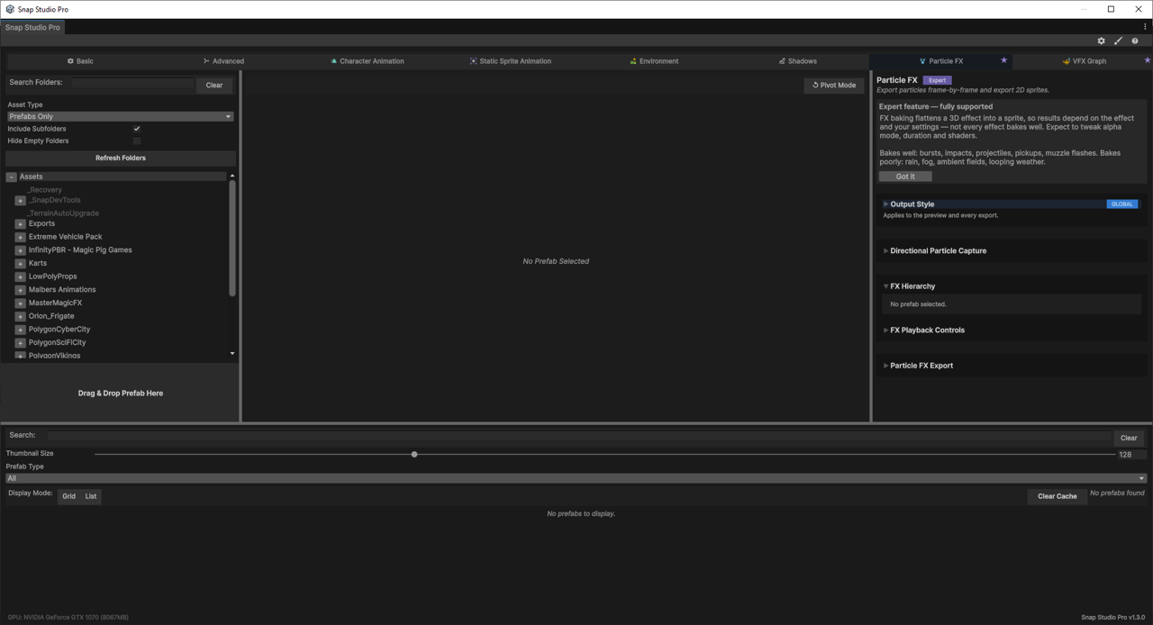 The Particle FX tab open, showing the playback and export sections