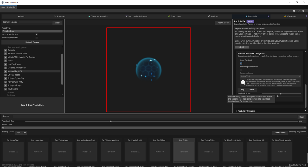 FX Playback Controls with an effect playing in the preview
