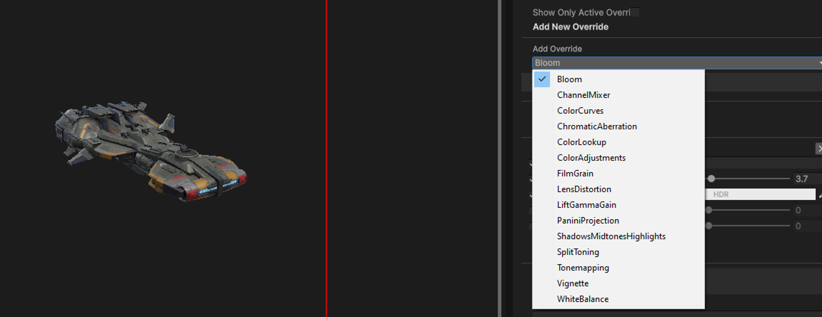 The Global Volume Controls panel: Add Override plus a list of active post overrides