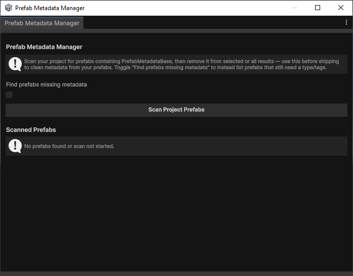 The Prefab Metadata Manager window with scanned prefabs and bulk actions