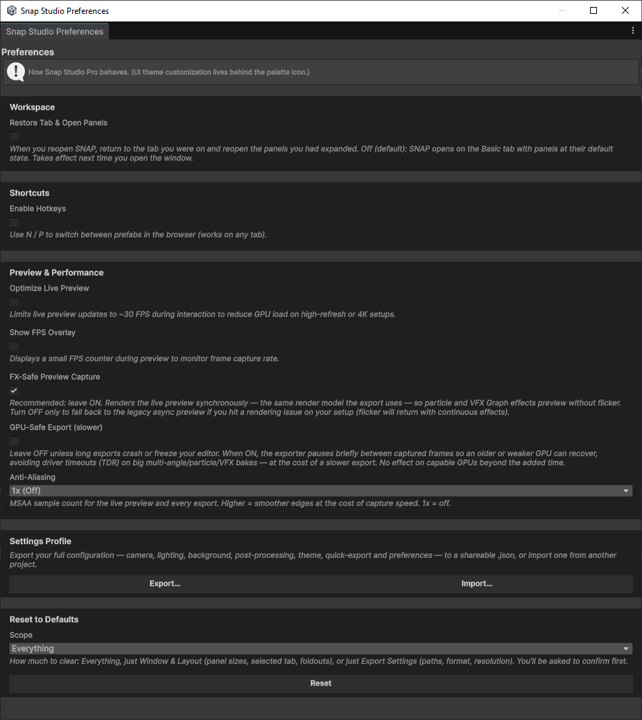The Snap Studio Preferences window showing its grouped cards
