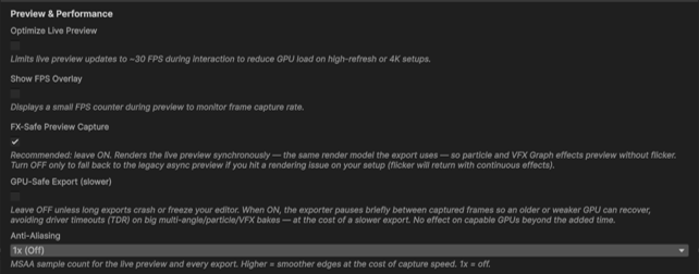 The Preview and Performance card with the FX-Safe Preview Capture toggle