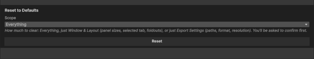 The Reset to Defaults card with the Scope popup showing Everything, Window & Layout, and Export Settings