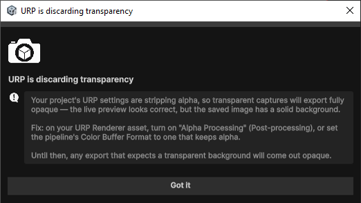 The URP is discarding transparency warning window