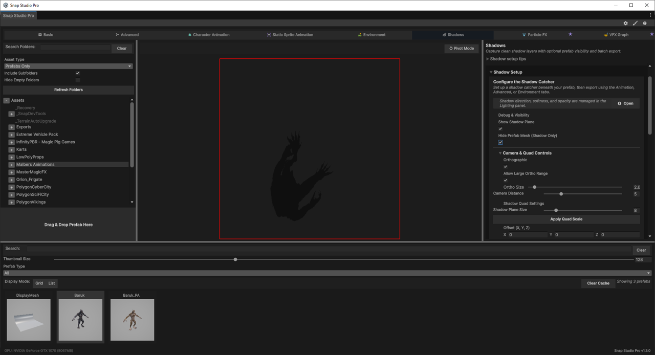 Shadow-only capture: the prefab mesh hidden, only the shadow remaining