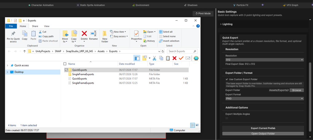 The Export Current Prefab button with the Exporting progress bar and Open Export Folder