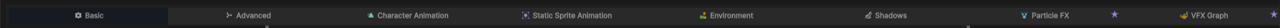 Close-up of the tab bar with all eight tabs and the Expert star on Particle FX and VFX Graph